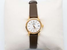 OMEGA, Geneve, a late 20th century gold plated, centre seconds, calendar wristwatch. MD.5660045