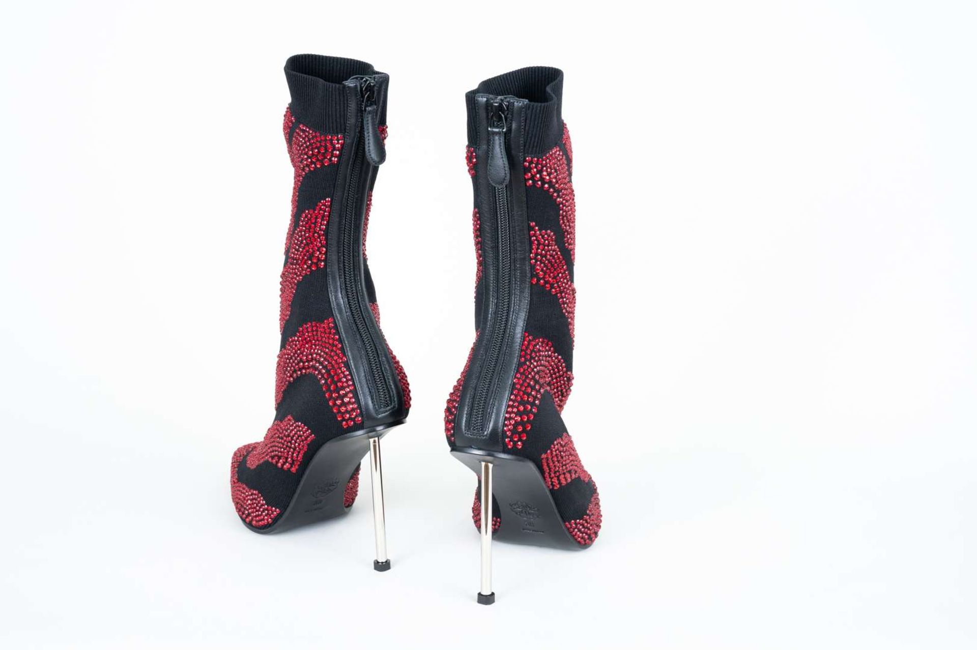 ALEXANDER McQUEEN, a pair of hand sewn, red crystal, stiletto, sock boots - Image 6 of 8