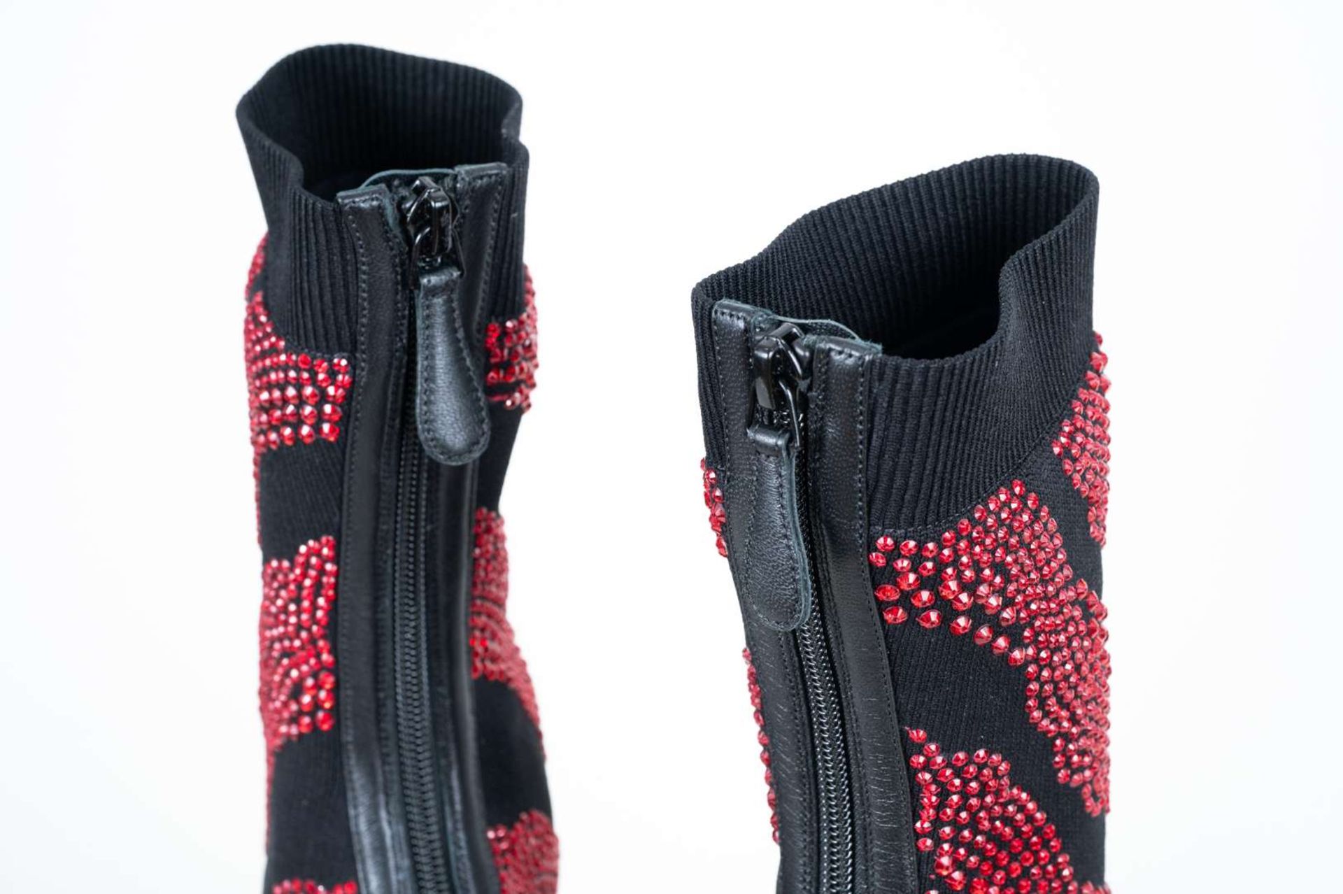ALEXANDER McQUEEN, a pair of hand sewn, red crystal, stiletto, sock boots - Image 5 of 8