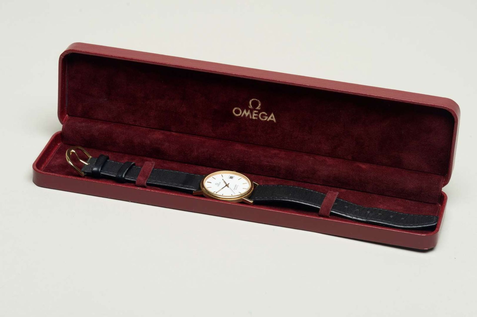 OMEGA, a modern gold plated, quartz, centre seconds, calendar wristwatch. - Image 5 of 7