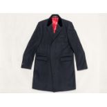 CROMBIE, 100% black woolen covert coat with velvet collar, size 44
