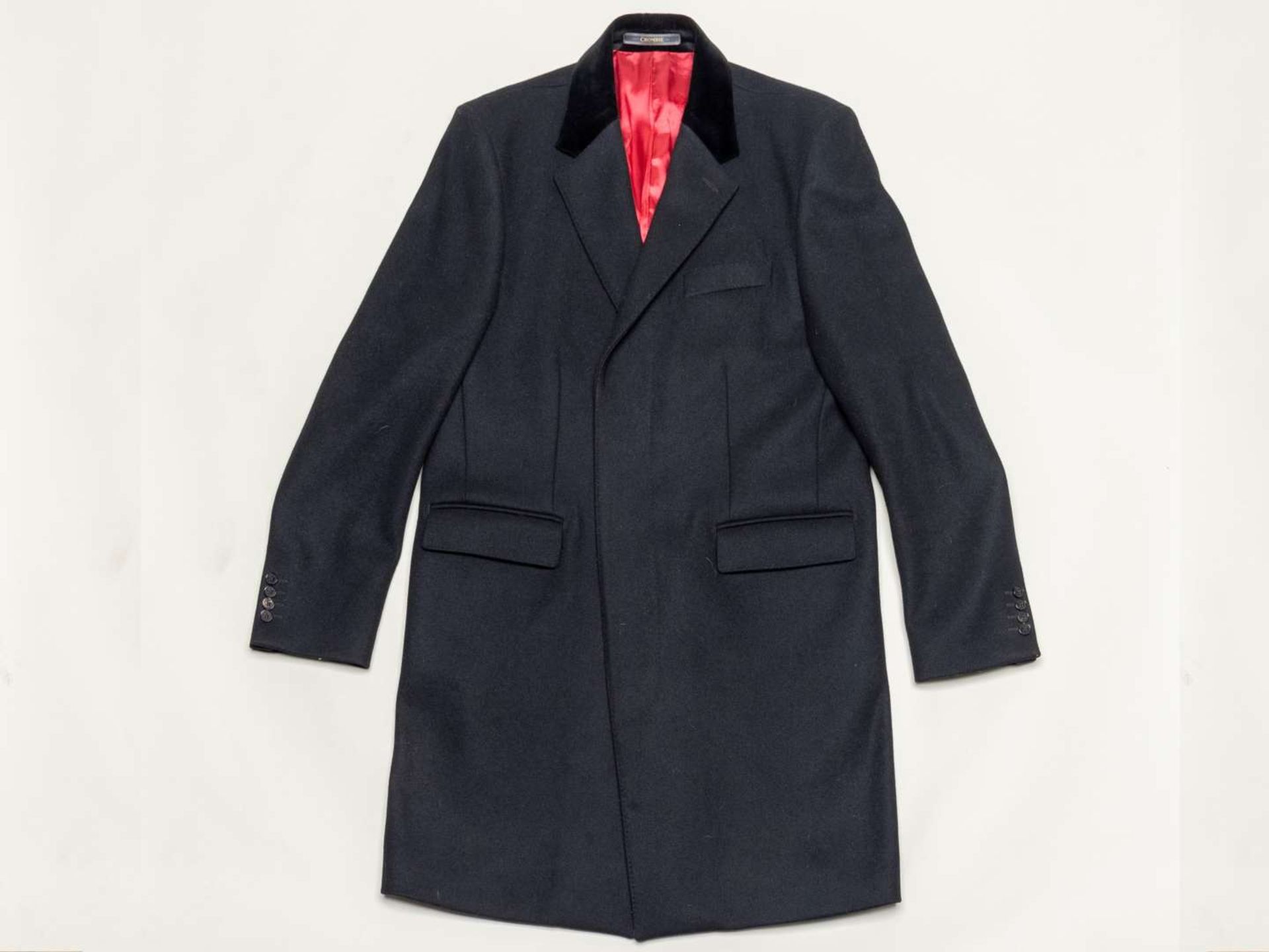 CROMBIE, 100% black woolen covert coat with velvet collar, size 44