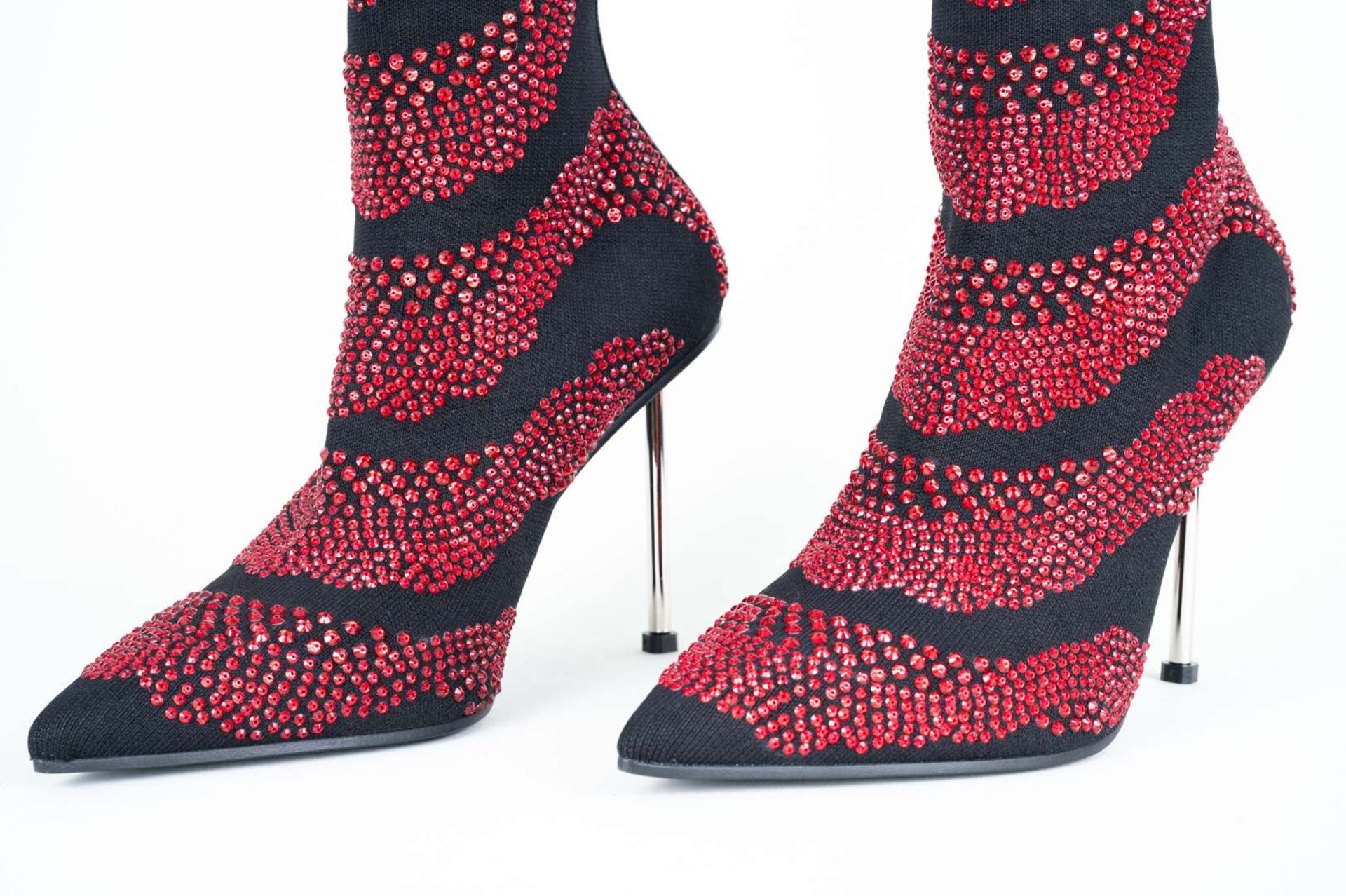 ALEXANDER McQUEEN, a pair of hand sewn, red crystal, stiletto, sock boots - Image 8 of 8