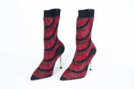 ALEXANDER McQUEEN, a pair of hand sewn, red crystal, stiletto, sock boots