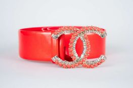 CHANEL, coral red, patent leather belt