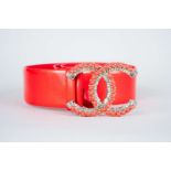 CHANEL, coral red, patent leather belt