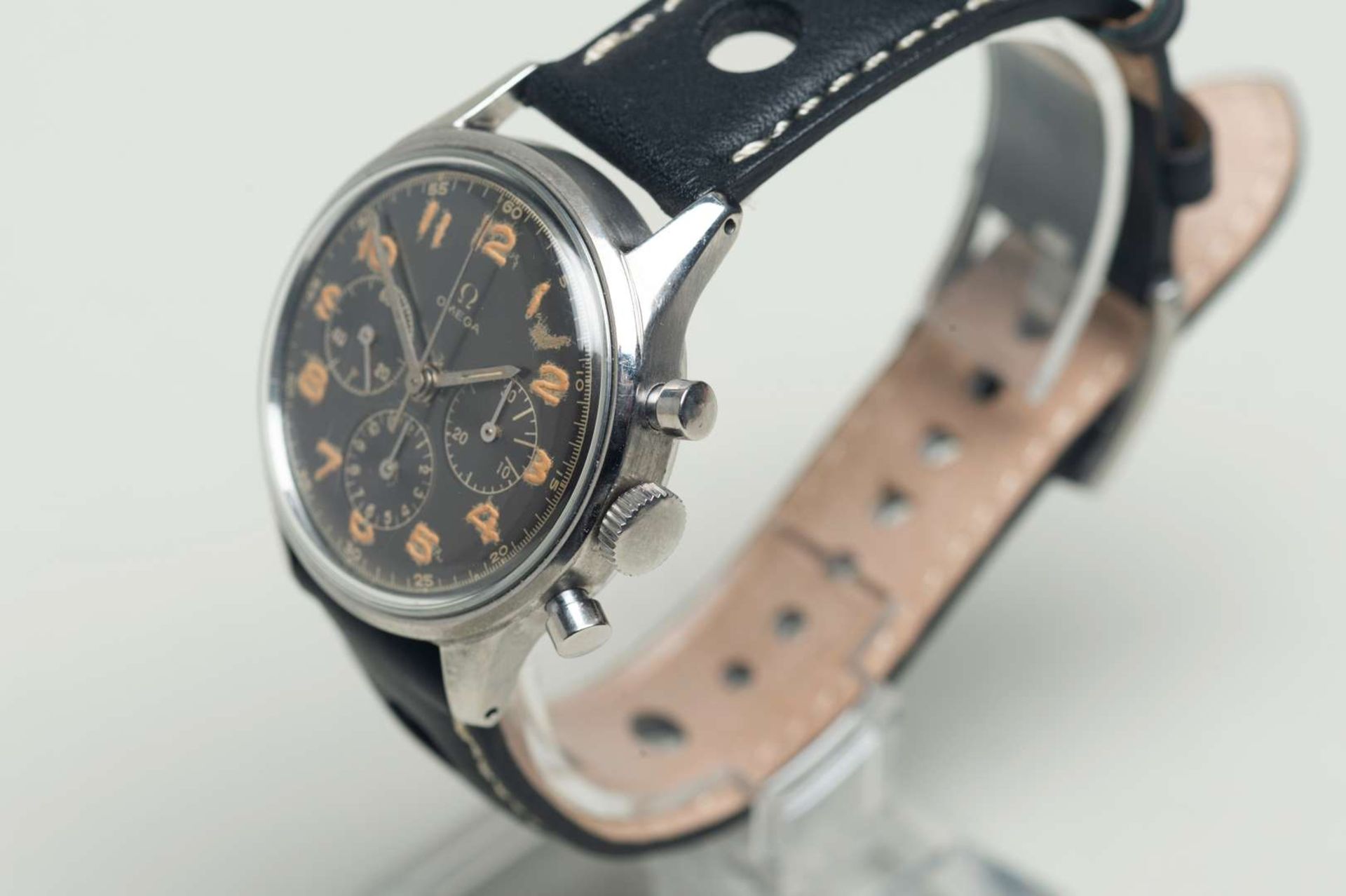 OMEGA. a mid 20th century stainless steel, two button chronograph wristwatch. - Image 2 of 6