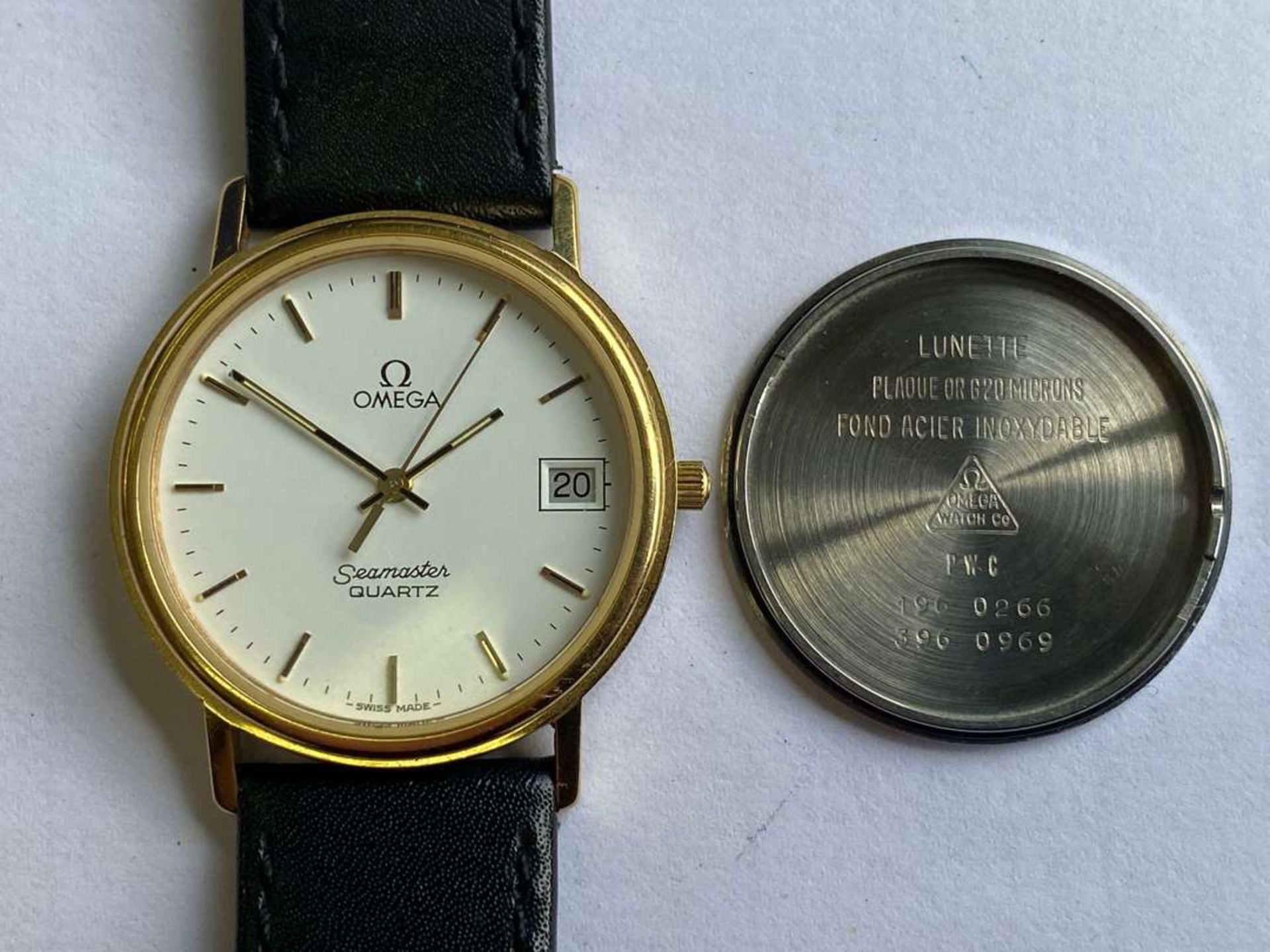 OMEGA, a modern gold plated, quartz, centre seconds, calendar wristwatch. - Image 7 of 7