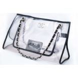 CHANEL, PVC tote bag, with black leather trim and silver curb link chain carry strap. 2006-2008