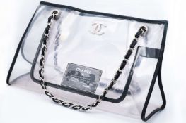 CHANEL, PVC tote bag, with black leather trim and silver curb link chain carry strap. 2006-2008