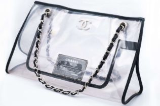 CHANEL, PVC tote bag, with black leather trim and silver curb link chain carry strap. 2006-2008