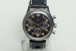 OMEGA. a mid 20th century stainless steel, two button chronograph wristwatch.