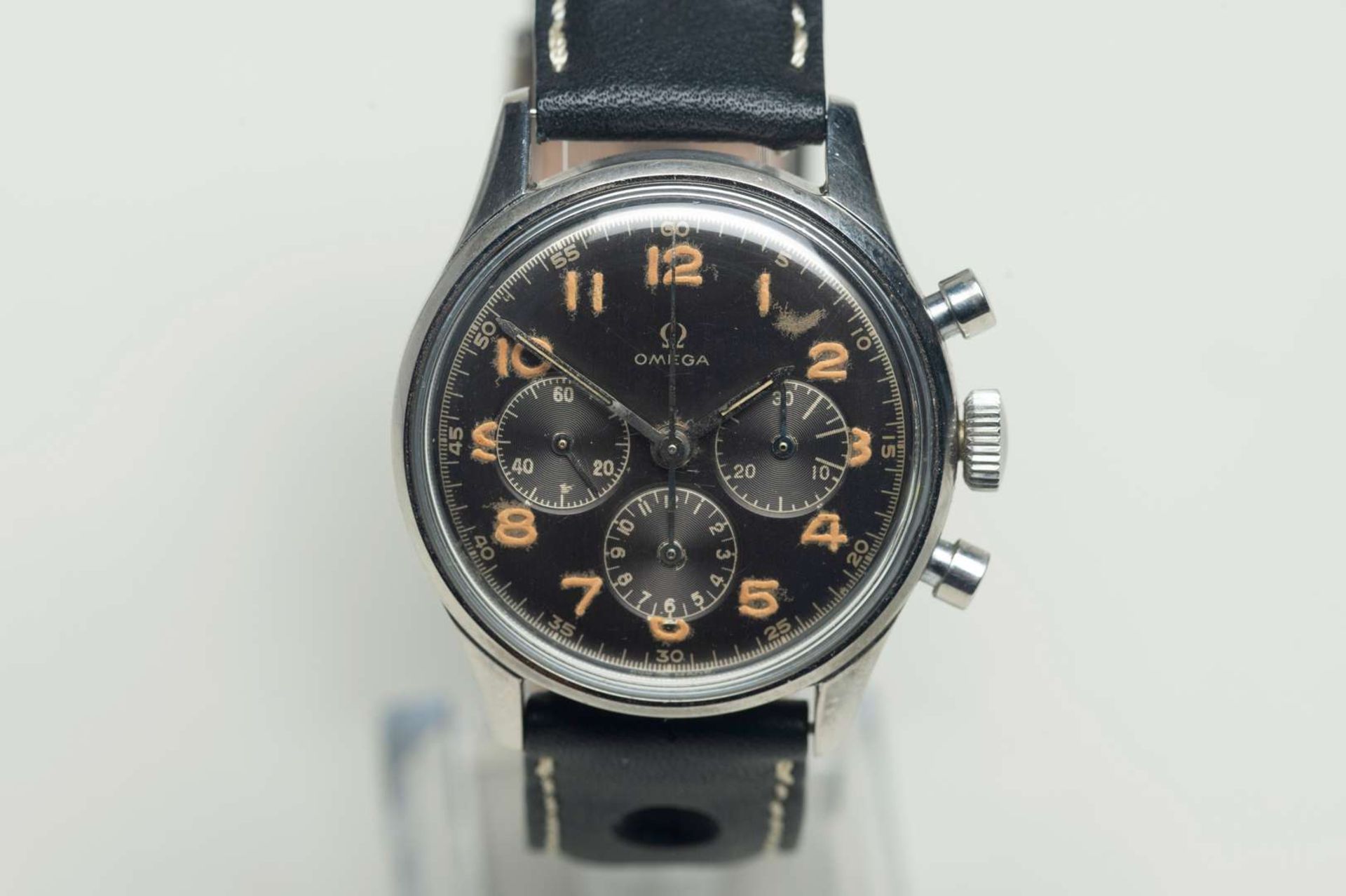 OMEGA. a mid 20th century stainless steel, two button chronograph wristwatch.