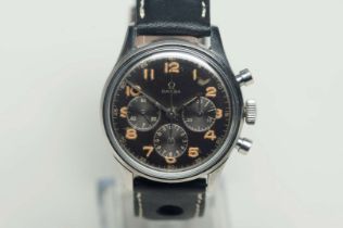 OMEGA. a mid 20th century stainless steel, two button chronograph wristwatch.