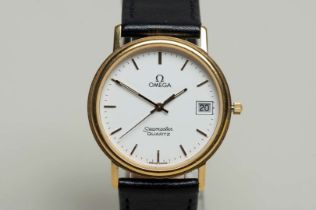 OMEGA, a modern gold plated, quartz, centre seconds, calendar wristwatch.