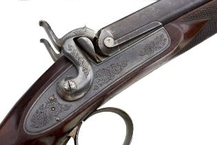 A CRISP 12-BORE DOUBLE BARRELLED PERCUSSION SPORTING GUN BY THOMAS BOSS,