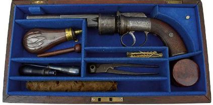 A CASED 80-BORE SIX-SHOT PERCUSSION TRANSITIONAL REVOLVER,