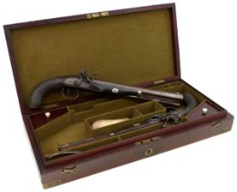 A CASED PAIR OF 16-BORE FLINTLOCK HOLSTER OR DUELLING PISTOLS FOR THE IRISH MARKET,