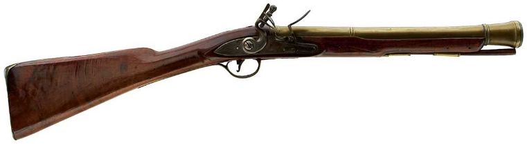 A FLINTLOCK BRASS BARRELLED BLUNDERBUSS BY STEELE,