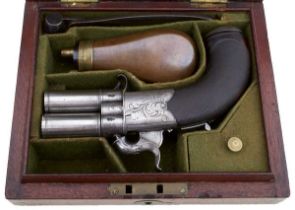 A CASED 40-BORE DOUBLE BARRELLED PERCUSSION TURNOVER POCKET PISTOL BY PURDEY,