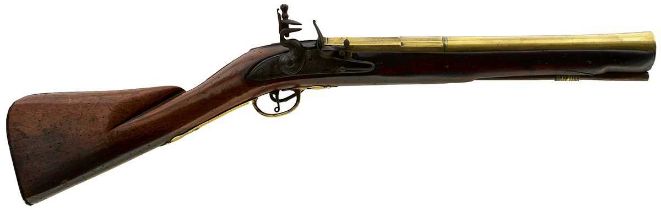 A LATE 17TH CENTURY FLINTLOCK BRASS BARRELLED BLUNDERBUSS BY SAUNDERS,