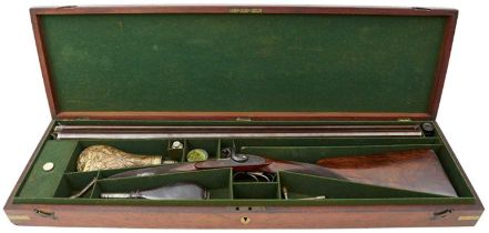 A CLEAN CASED 14-BORE DOUBLE BARRELLED PERCUSSION SPORTING GUN BY THOMAS HILL OF DUNSE,