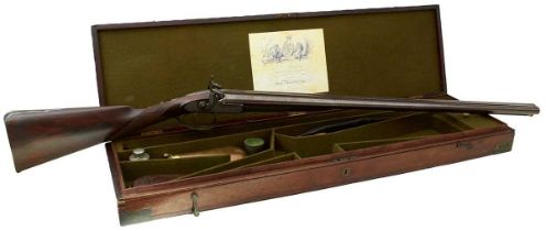 A CASED 16-BORE DOUBLE BARRELLED PERCUSSION SPORTING GUN BY PURDEY,