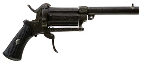 A 7MM CALIBRE SIX-SHOT PINFIRE PEPPERBOX REVOLVER WITH SUPPLEMENTARY BARREL EXTENSION,