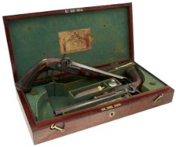 A CRISP CASED PAIR OF 42-BORE PERCUSSION DUELLING OR TARGET PISTOLS BY JOSEPH EGG,