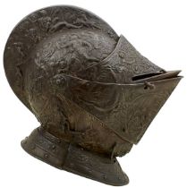 A GOOD 19TH CENTURY FRENCH CLOSE HELMET DECORATED IN THE 16TH CENTURY FRENCH OR ITALIAN,