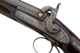 A 14-BORE DOUBLE BARRELLED PERCUSSION SILVER MOUNTED SPORTING GUN BY JOHN MANTON & SON,