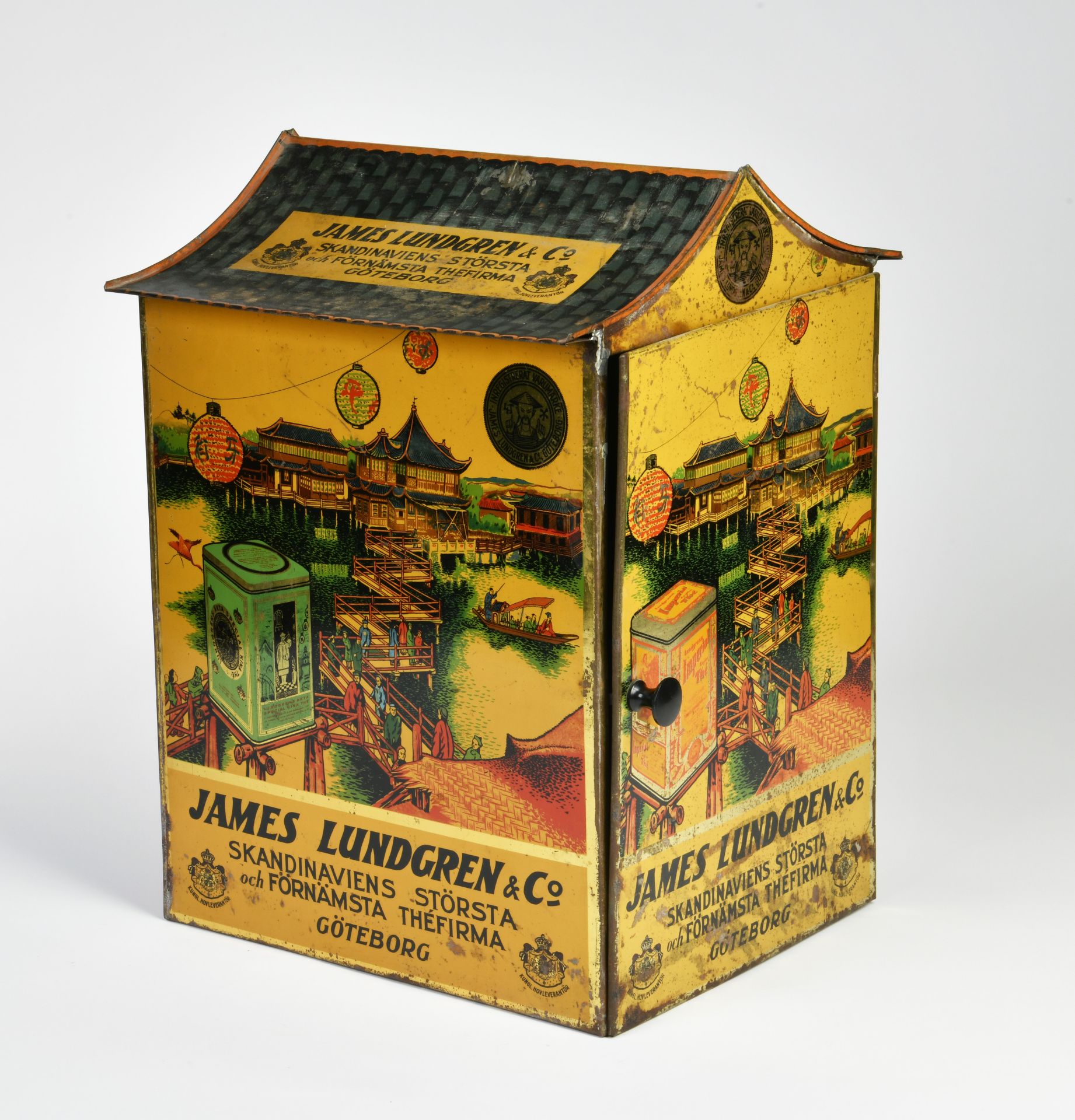 James Lundgren & Co, tea tin can, Sweden, 20s, 31x25x34 cm, one shelf missing, paint d.