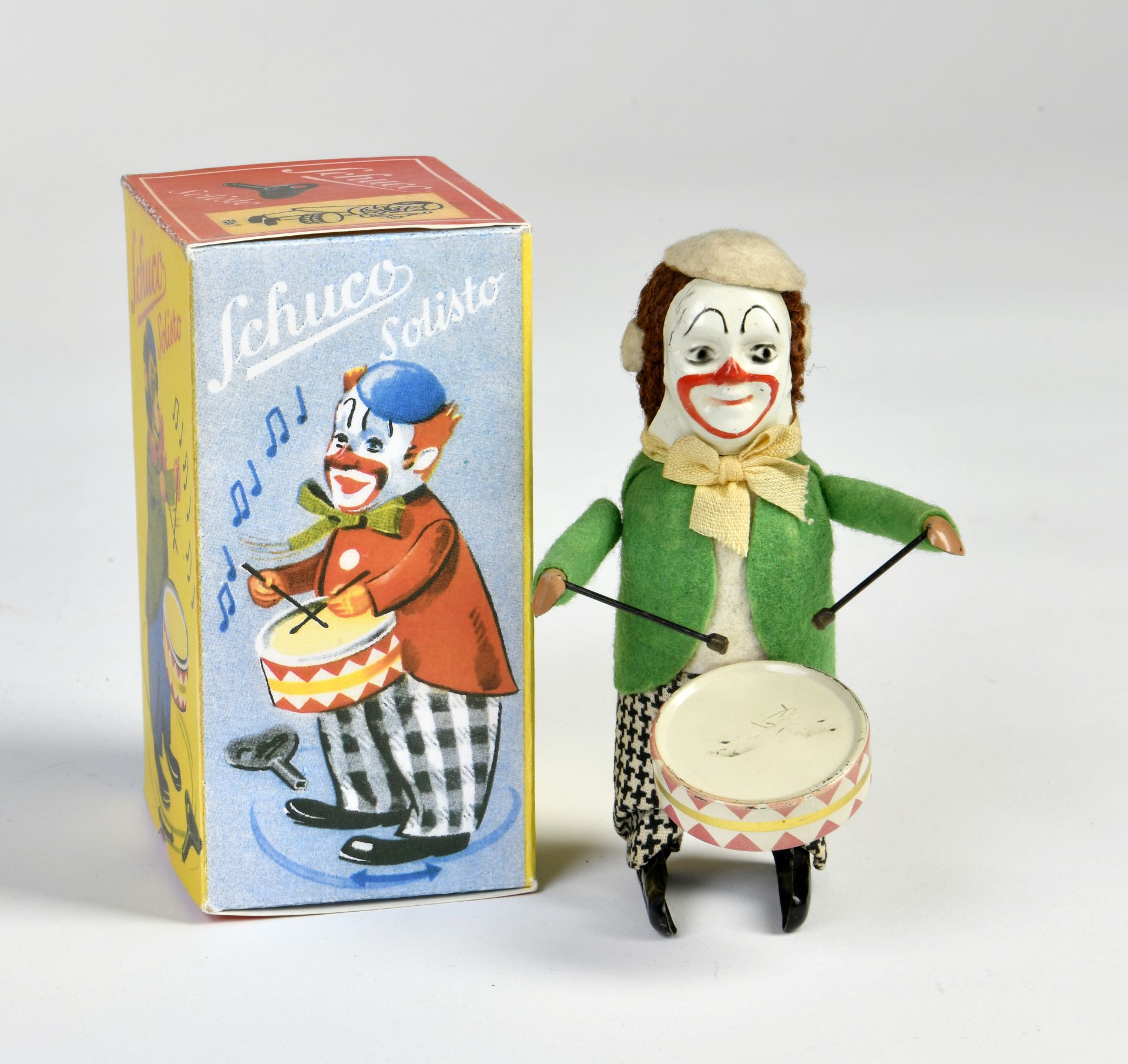 Schuco, clown with drum, Germany, mixed constr., 11 cm, reprobox, C 1-2