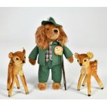Steiff, hunter Waldili & 2x Bambi, Germany, 50s/60s, with buttom, label and flag, C 1