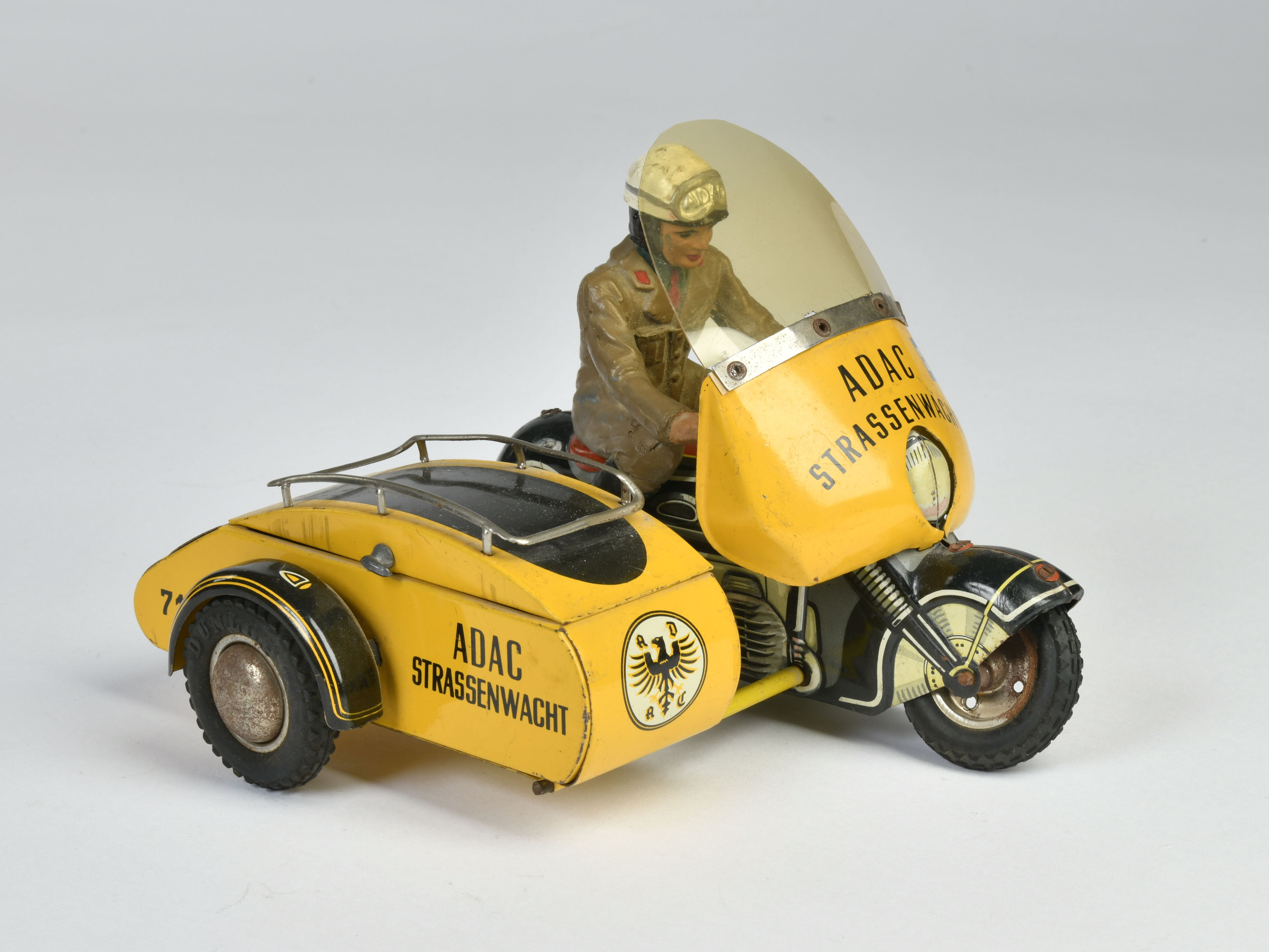 Göso, ADAC Straßenwacht motorcycle with sidecar, W.-Germany, 19 cm, tin, friction ok, paint d., C