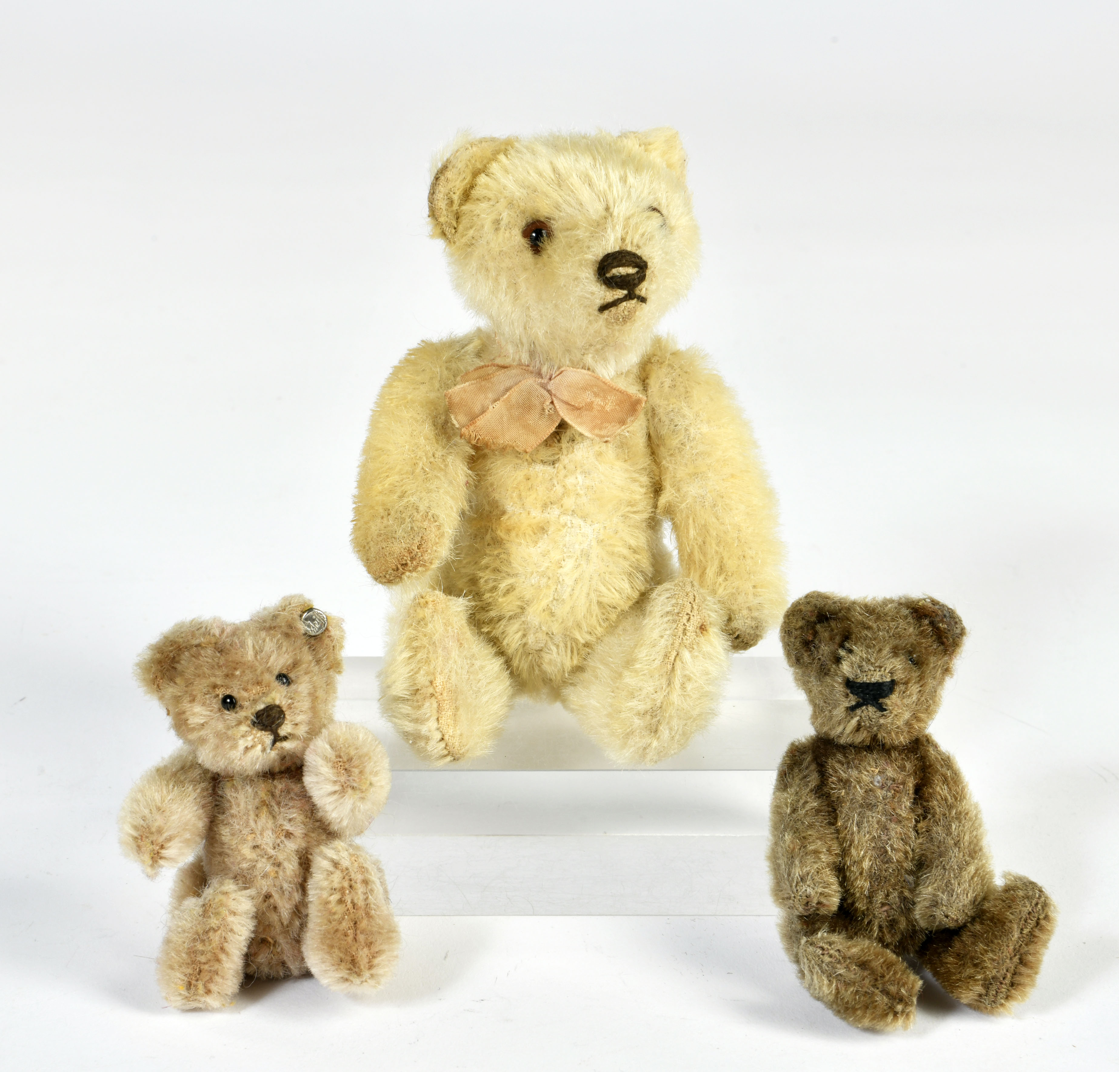 Steiff, 3 bears, 10-15 cm, Germany, 50s/60s, 1x with buttom, C 2-3