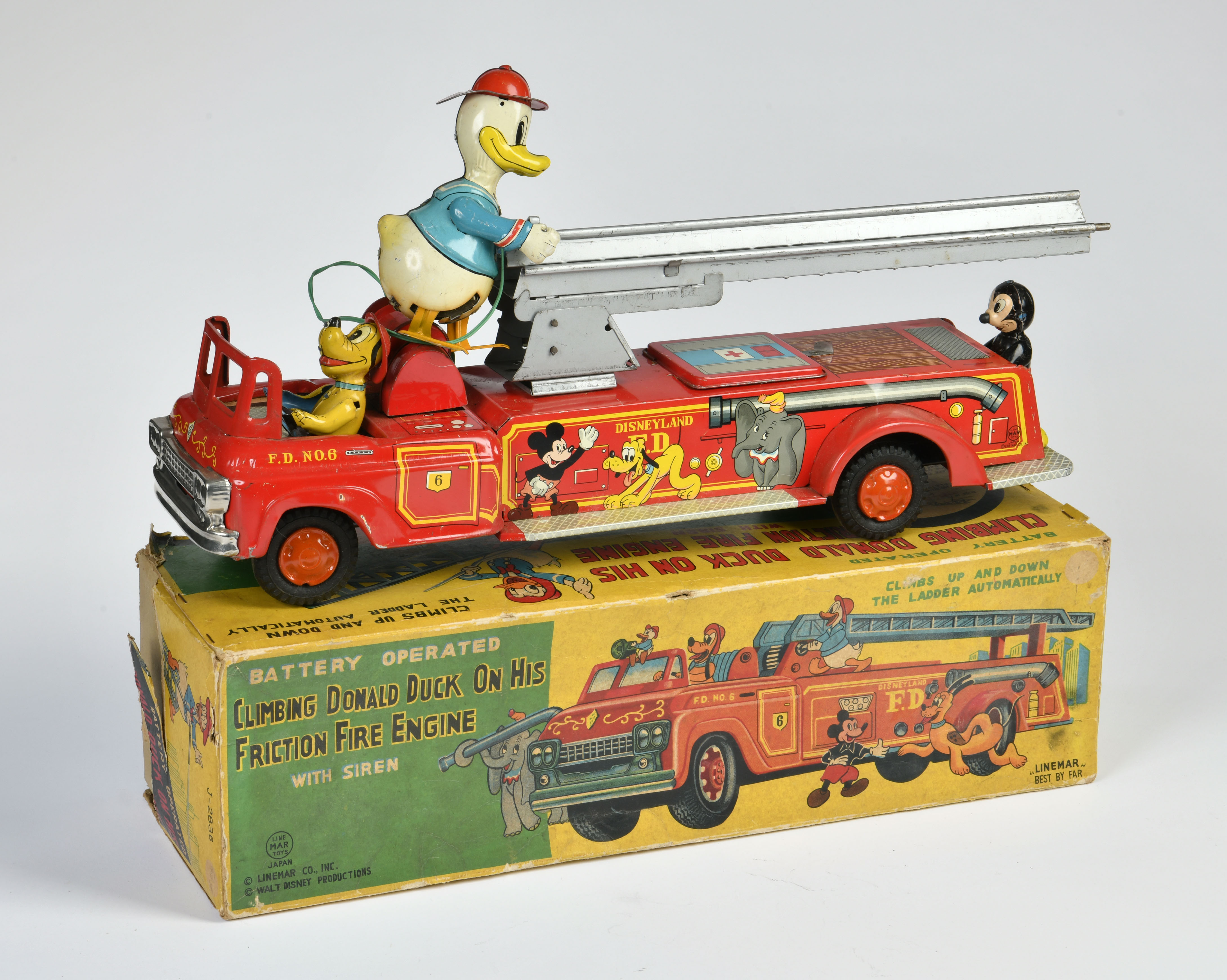 Linemar, Disney fire engine, Japan, 46cm, tin, missing parts, rust, friction ok, box C2-, C 3