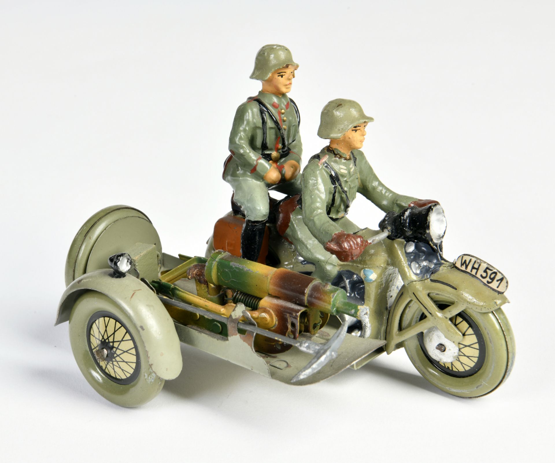 Elastolin, pillion motorcycle with machine gun, Germany pw, 11 cm, tin, composite, min. paint d.,
