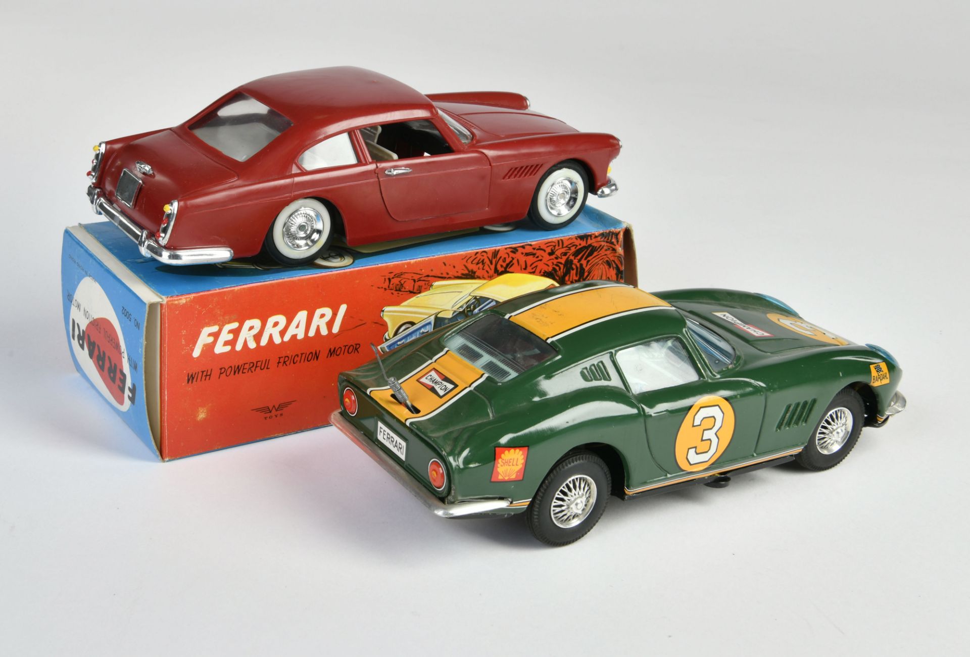 Bandai & W Toys, 2x Ferrari, Japan, Hong Kong, 20-22 cm, tin, plastic, friction ok, 1x box, C 2+ - Image 2 of 2