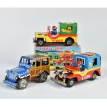 3 Jeeps, Circus a.o., France, Japan, 12 cm, tin, 1x box, C 1-2
