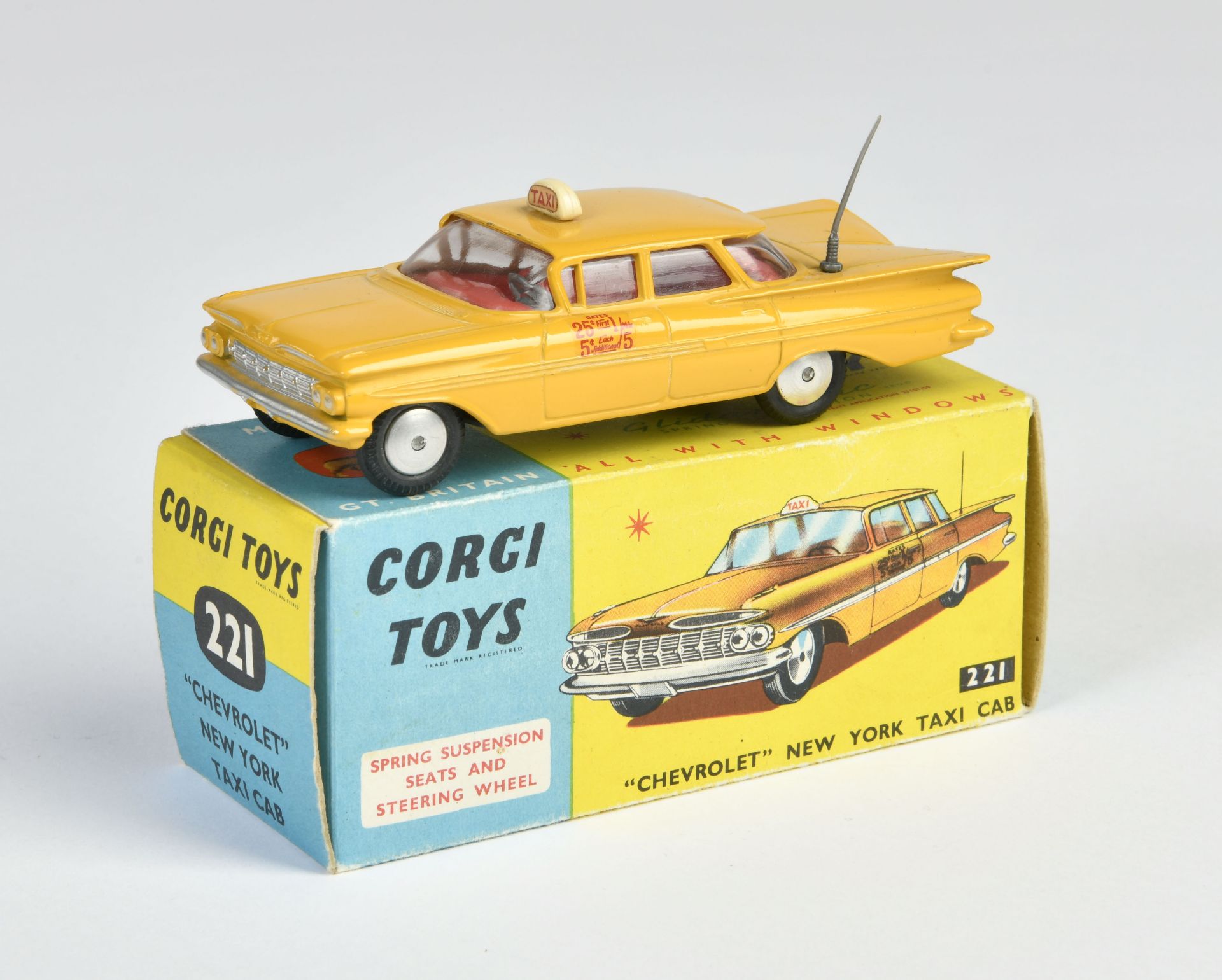 Corgi Toys, 221 Chevrolet, yellow, England, 1:43, diecast, box C 1, C 1