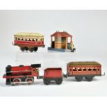 Märklin loco, Bing station and 2 Bub wagons, Germany pw, gauge 0, cw ok, paint d.