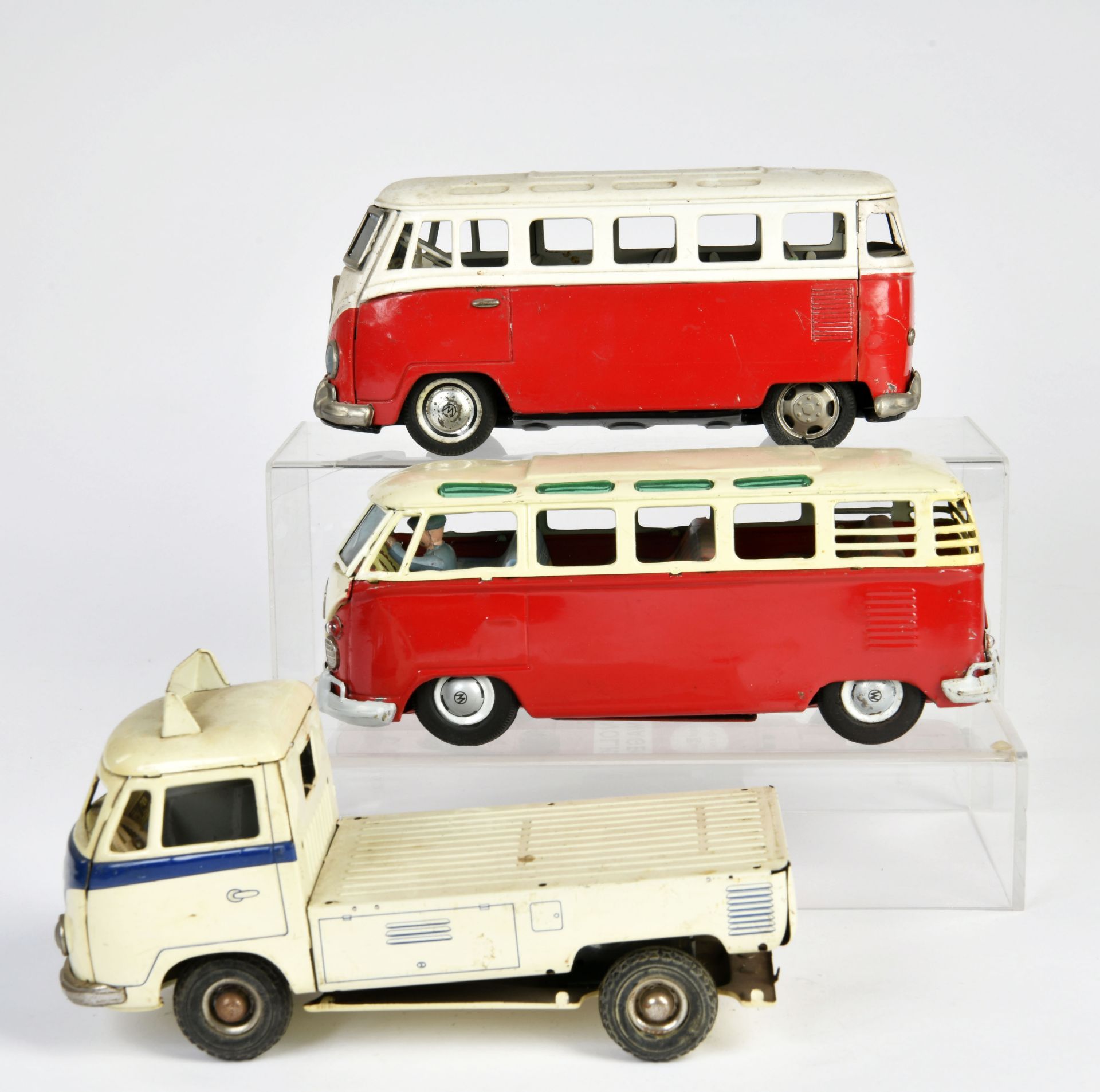 Tippco, Bandai, 3 VW busses, W.-Germany, Japan, tin, with defects, for tinkerers