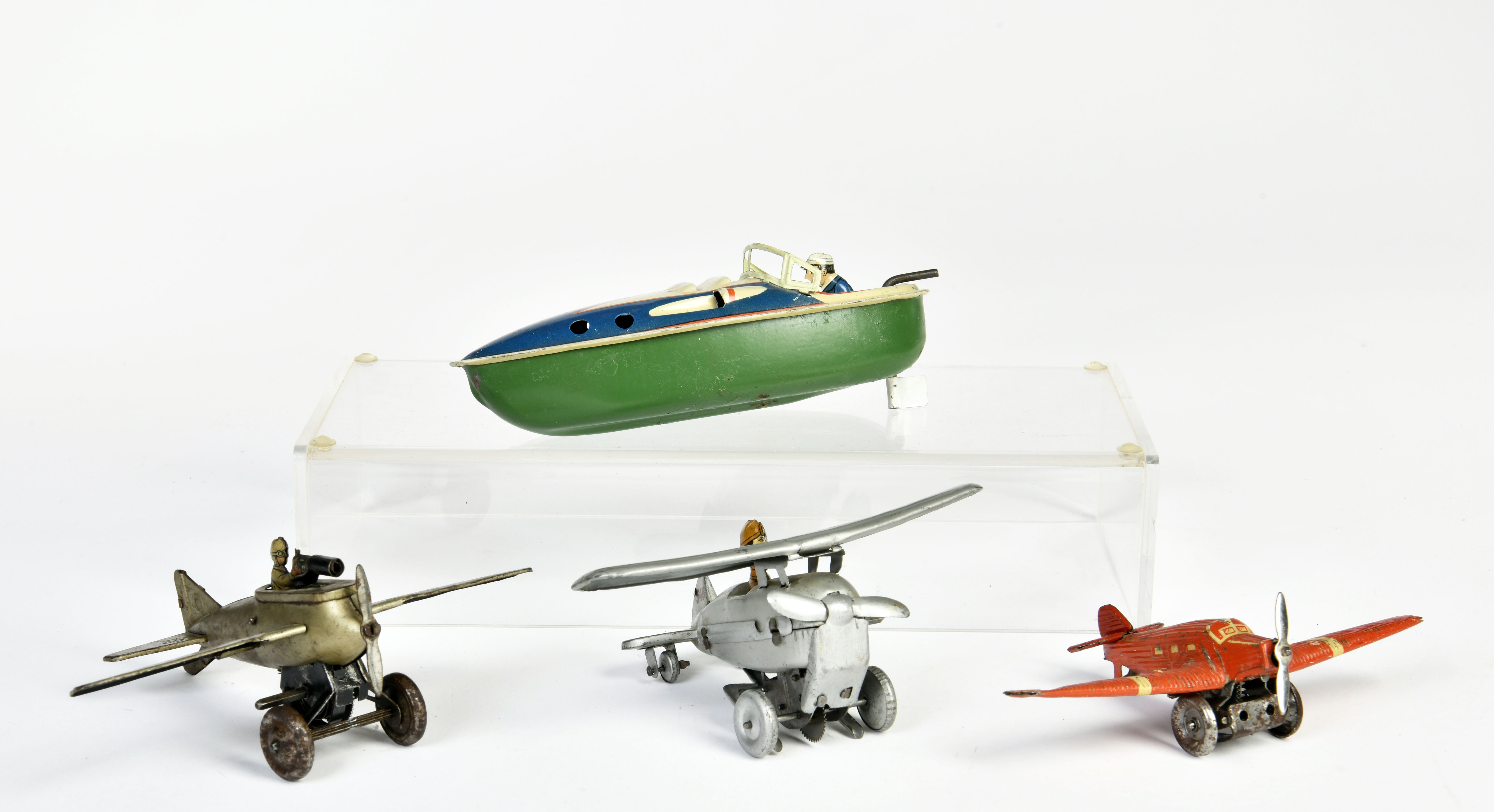 3 airplanes + speedboat, 10-15 cm, tin, paint d., C 2-3