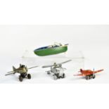3 airplanes + speedboat, 10-15 cm, tin, paint d., C 2-3