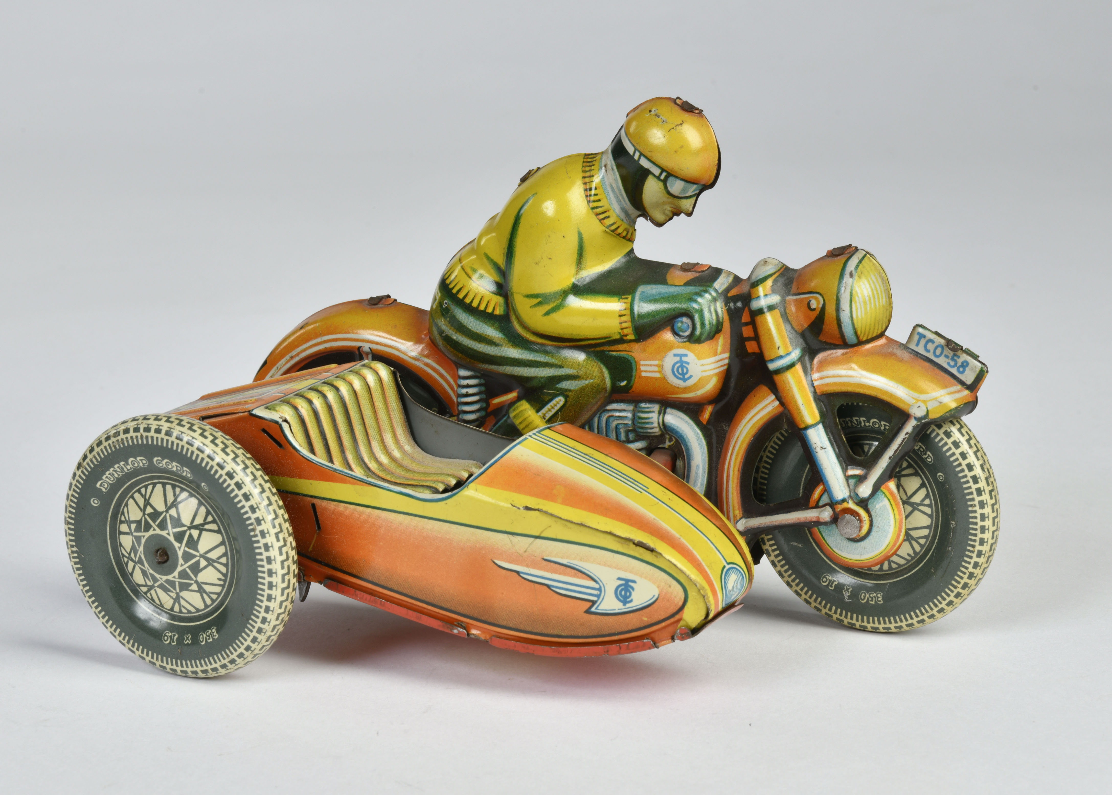 Tippco, motorcycle with sidecar TCO 58, W.-Germany, 16 cm, tin, cw ok, bleached out, C 2-