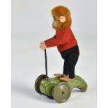 Schuco, flywheel runner with monkey, 14 cm, Germany pw, friction ok, runner with paint d., otherwise