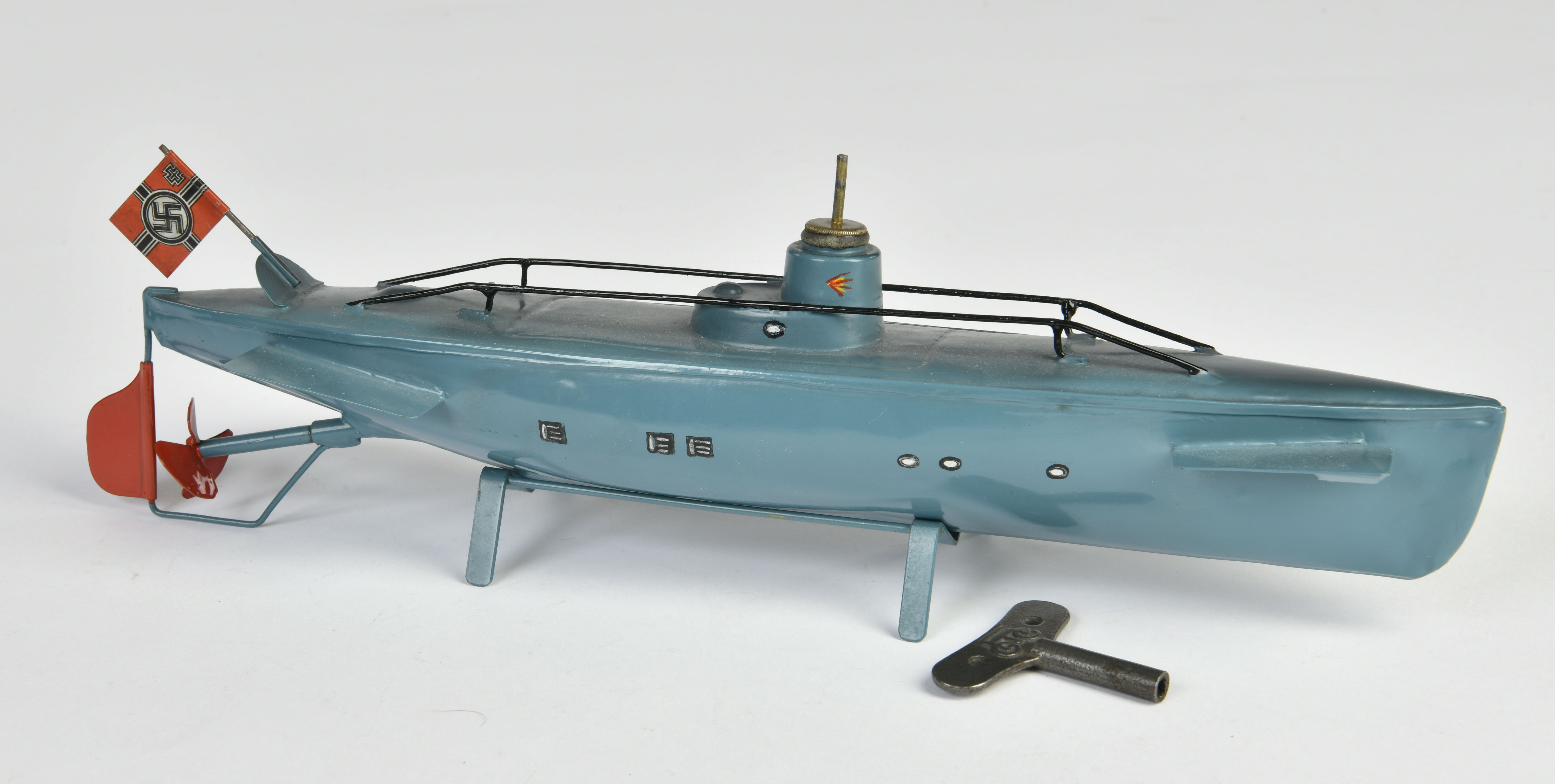 Märklin, submarine, Germany pw, 30 cm, tin, cw ok, mit stand, flag and key, restored