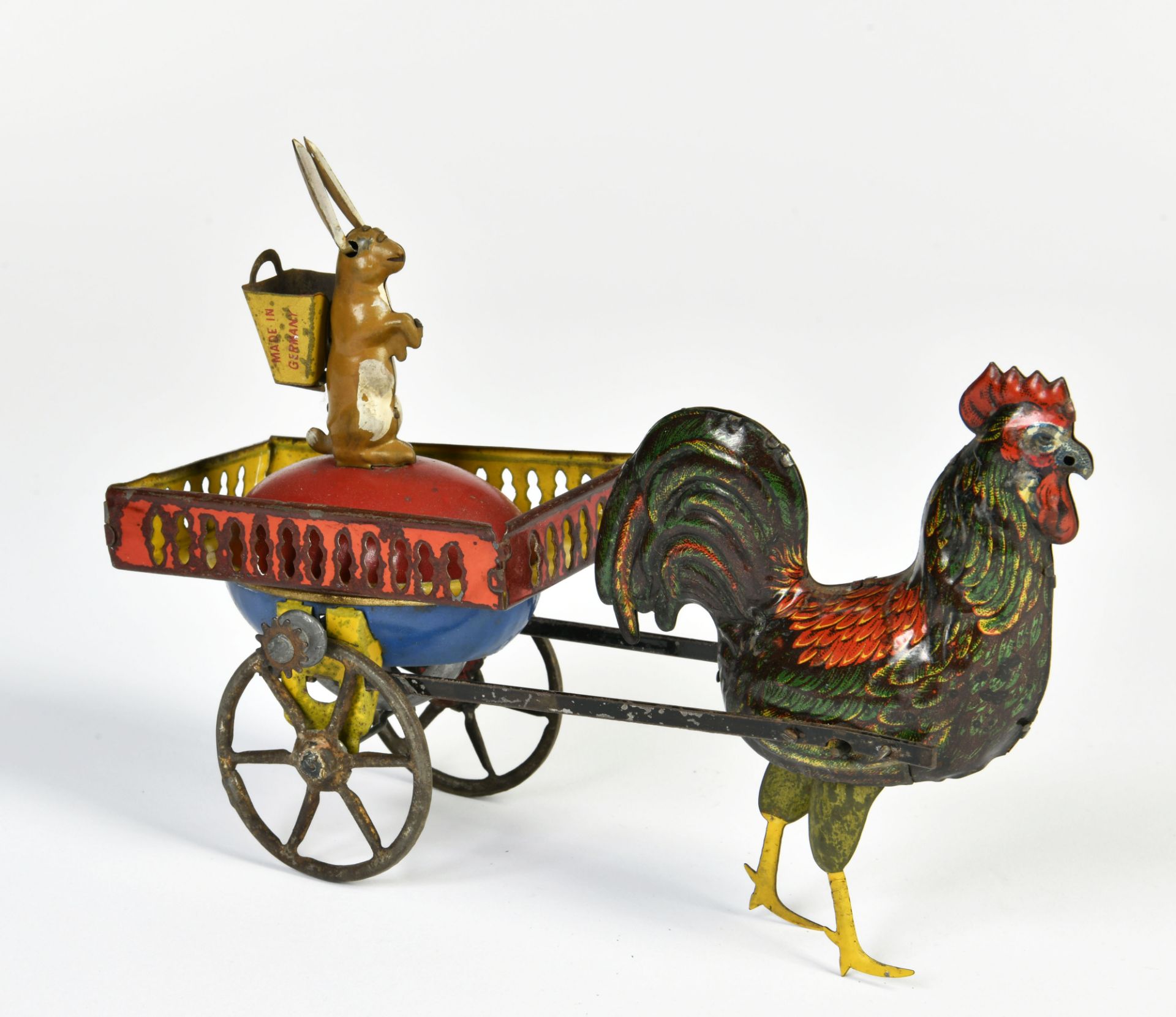 Lehmann, hen with rabbit carriage, Germany pw, tin, 19 cm, drive ok, C 1-2