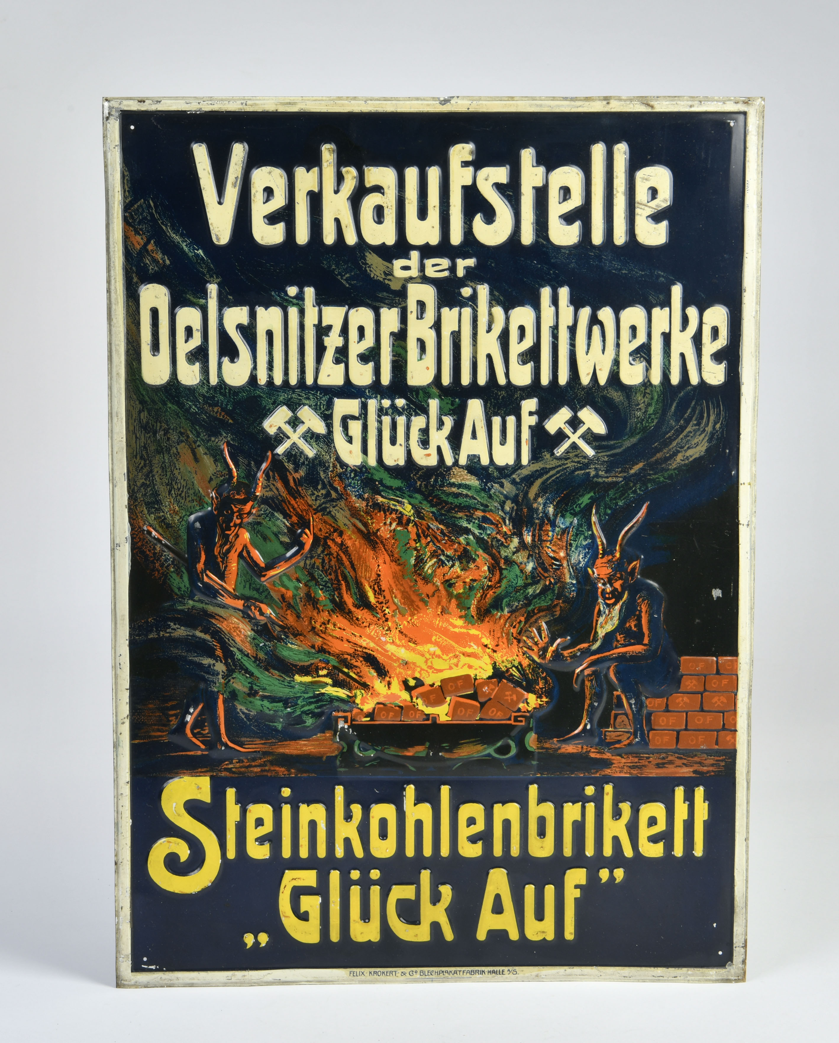 Oelsnitzer Brikettwerke Verkaufsstelle, tin sign, 53x38 cm, Felix Krokert & Co Halle, C 1-2